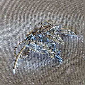 Sterling Silver Carl Art Leaf Brooch Blue Rhinestone .925 Pin Signed CA Arrow